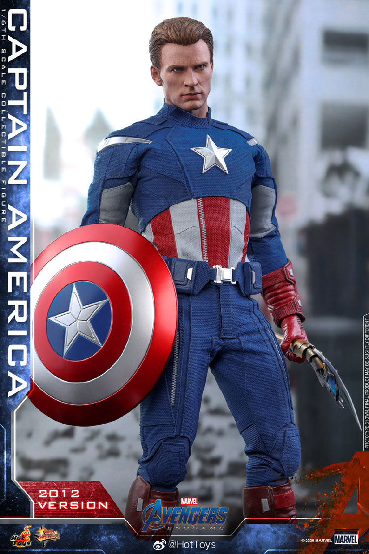 front view of Captain America hoding shield and Chitauri scepter